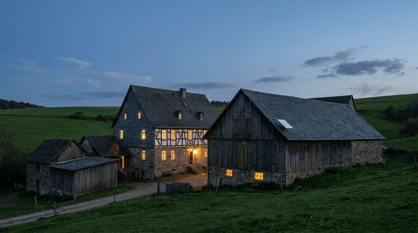 Bauernhof mit Scheune und montierter Satellitenantenne