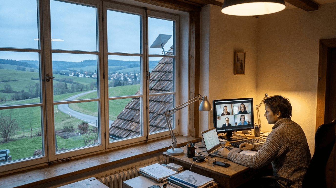 Homeoffice-Arbeitsplatz mit Videokonferenz