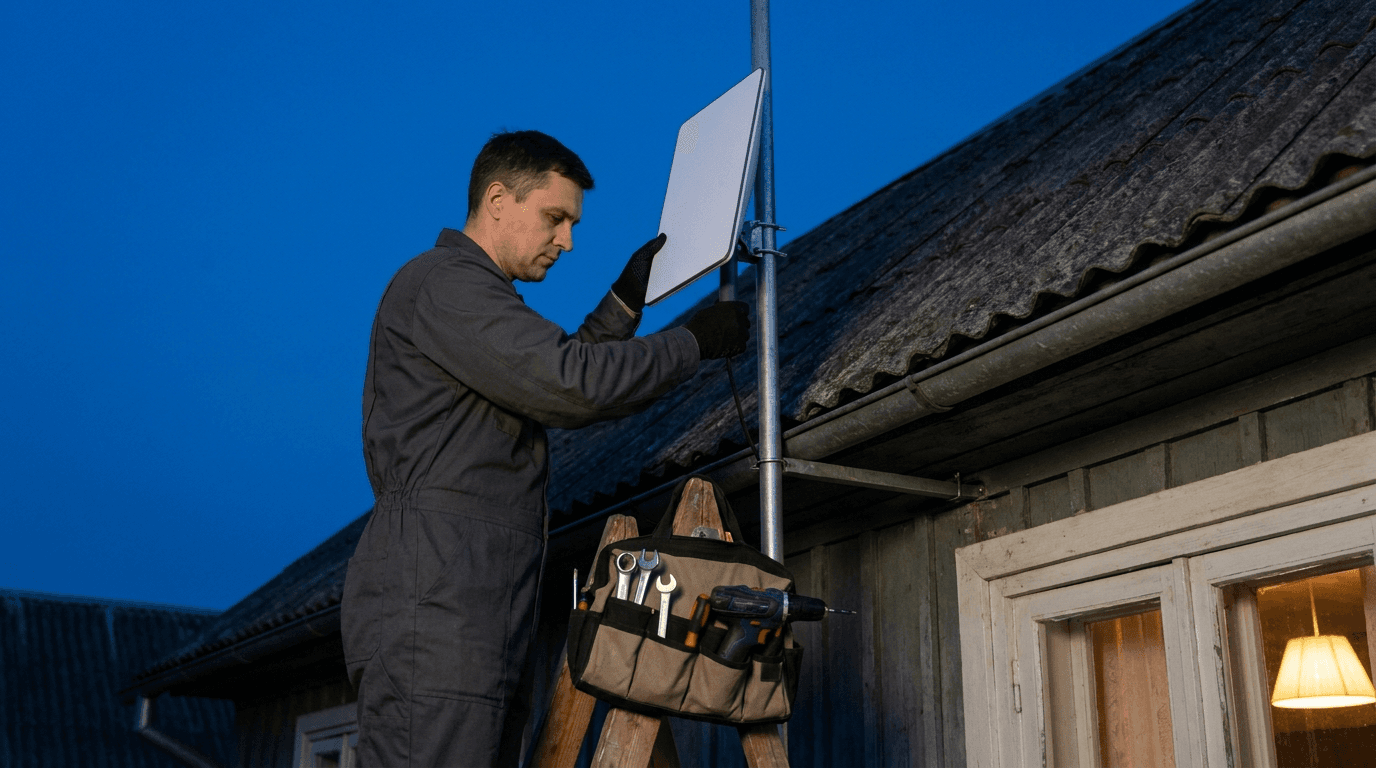Montage einer Satellitenantenne an einem Haus in der Westpfalz